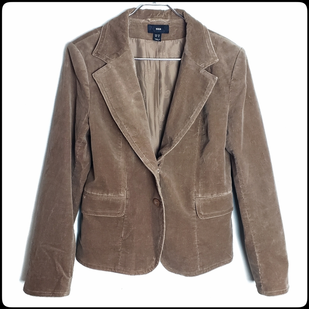 H&M Brown Corduroy Lined Button Down Blazer Jacket Size: 12